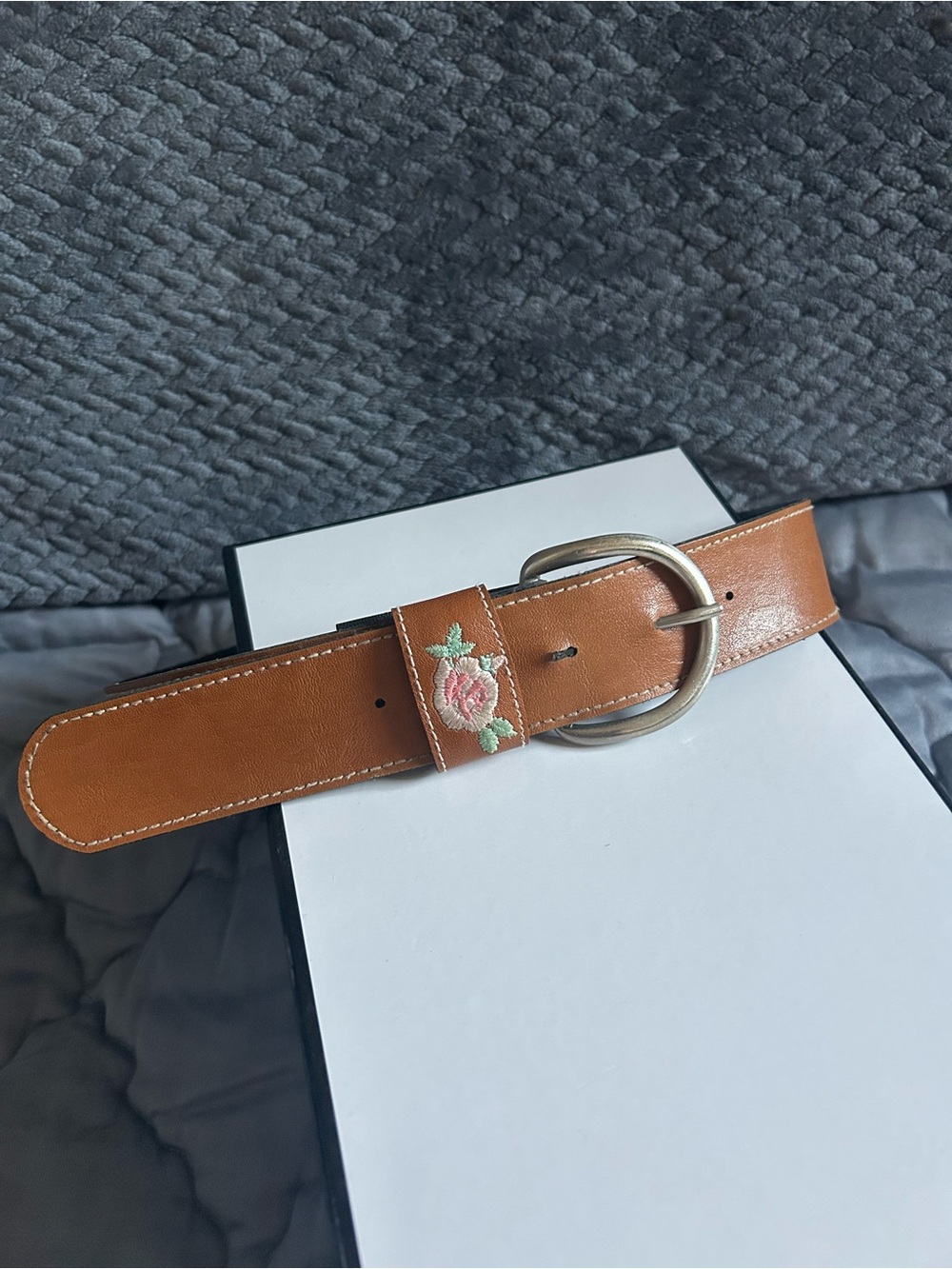 Classic Tan Belt with Rose Embroidery